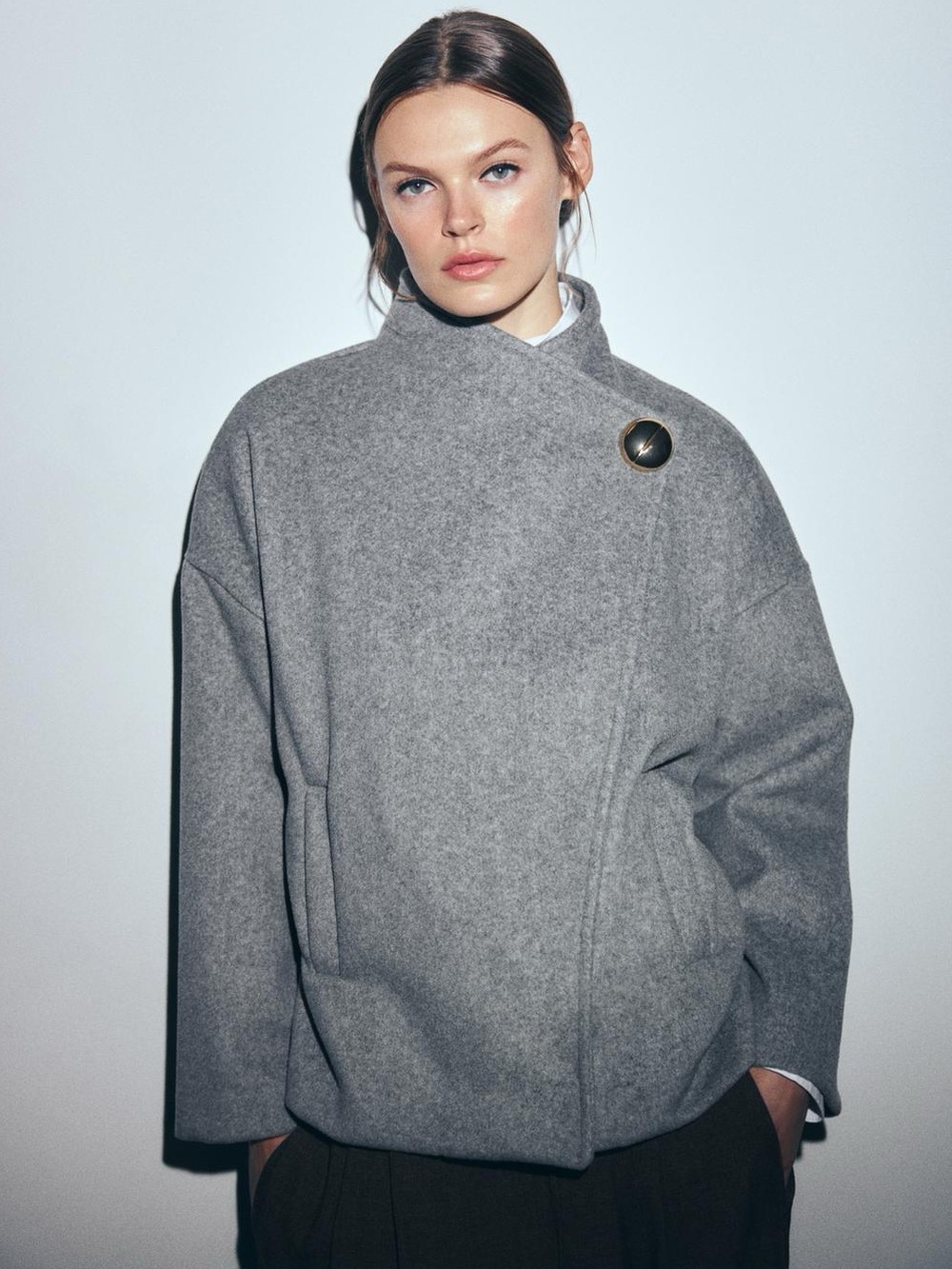 NWT Zara Soft Button Asymmetric Coat in Gray